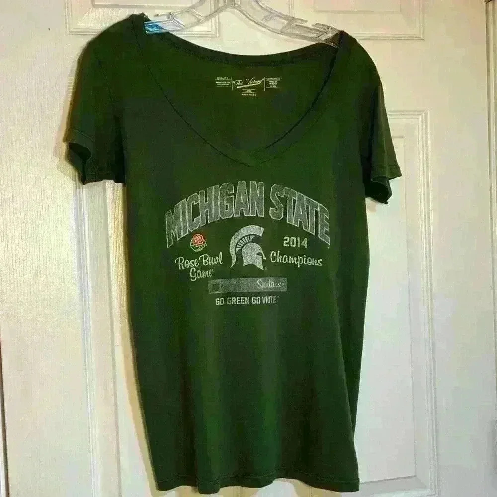 Michigan State The Victory Rosebowl Champs 2014 Women’s V-Neck T-Shirt  Large